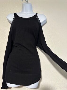 Women's Black Cold-Shoulder Sweater Top with Strap Detail